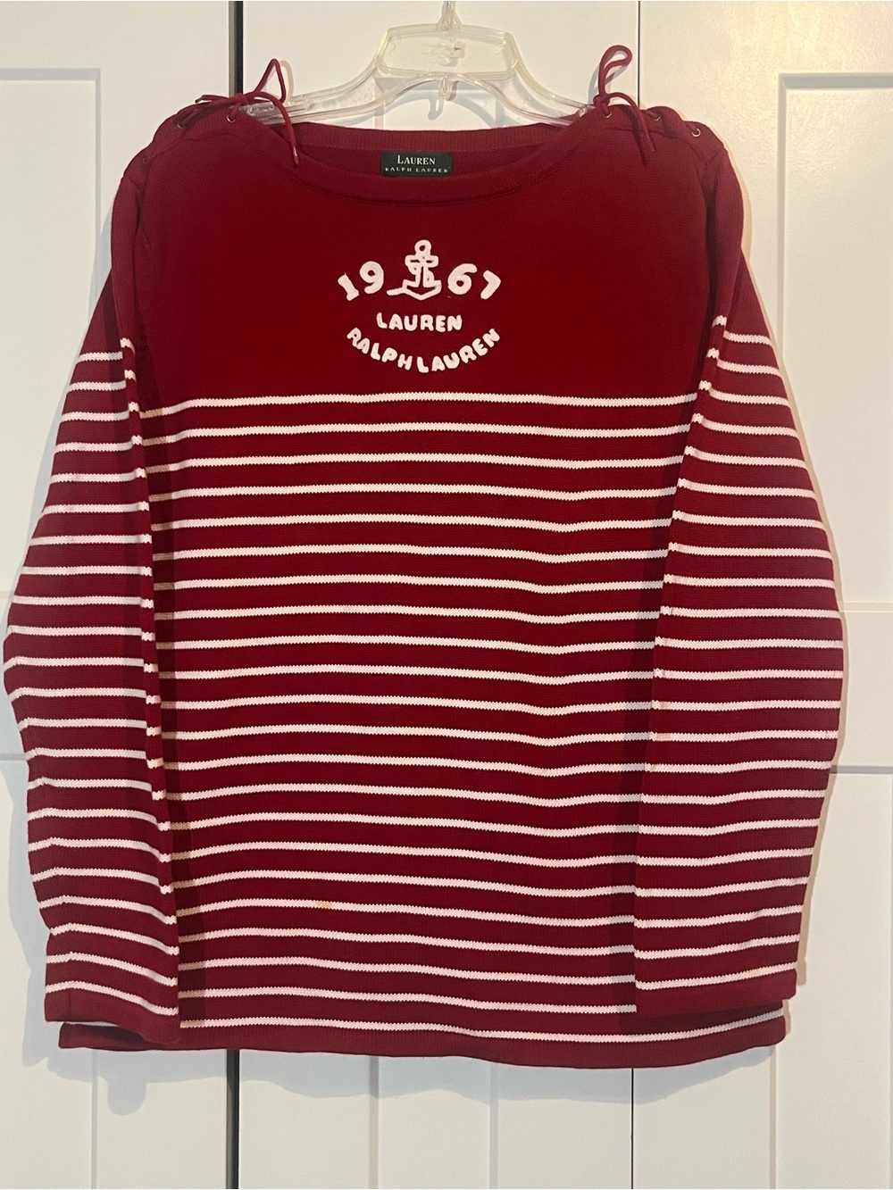 Lauren Ralph Lauren Red and White Striped Knit Sweater. Size XL.